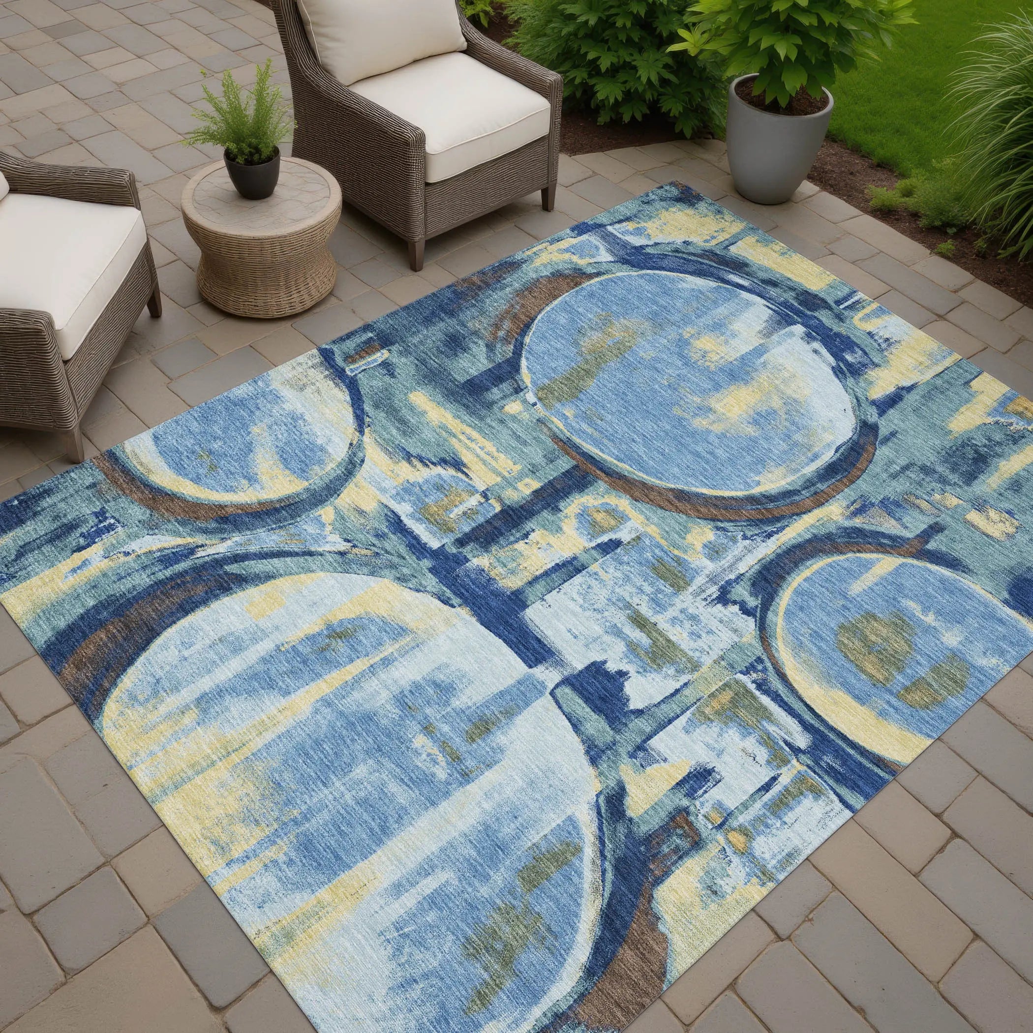 9' X 12' Teal Blue And Denim Blue Abstract Washable Indoor Outdoor Area Rug Homeroots Outdoor
