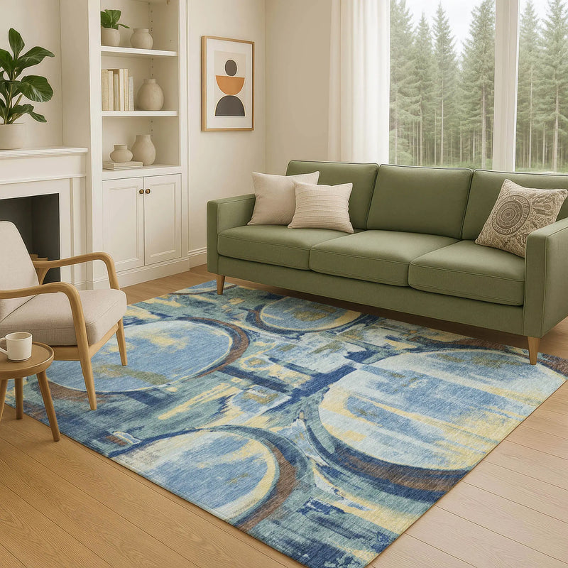 9' X 12' Teal Blue And Denim Blue Abstract Washable Indoor Outdoor Area Rug Homeroots Outdoor