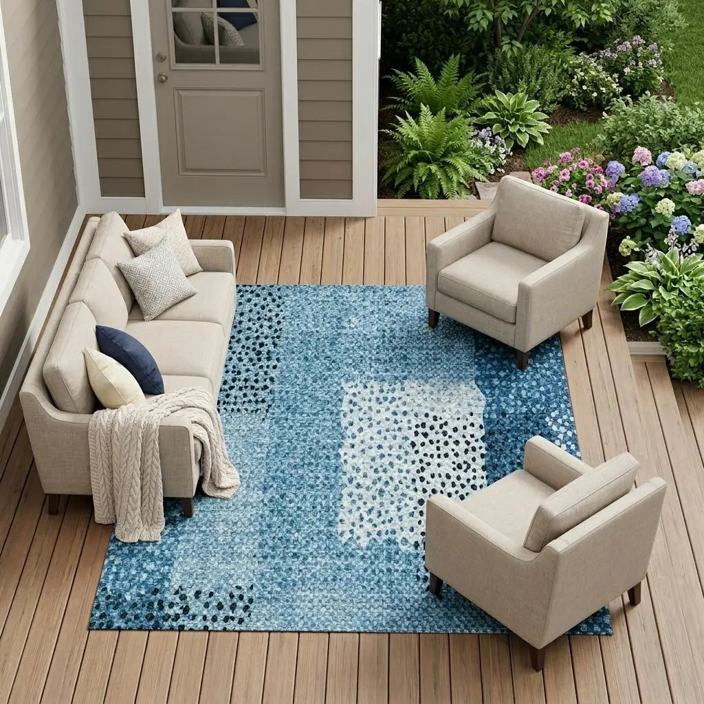 9' X 12' Teal Blue And Denim Blue Abstract Washable Indoor Outdoor Area Rug Homeroots Outdoor