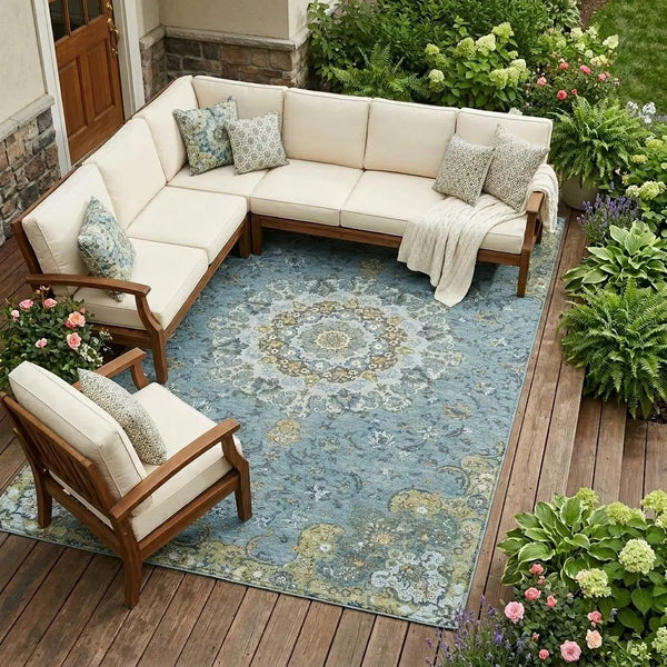 9' X 12' Teal Blue And Gold Floral Medallion Washable Indoor Outdoor Area Rug Homeroots Outdoor