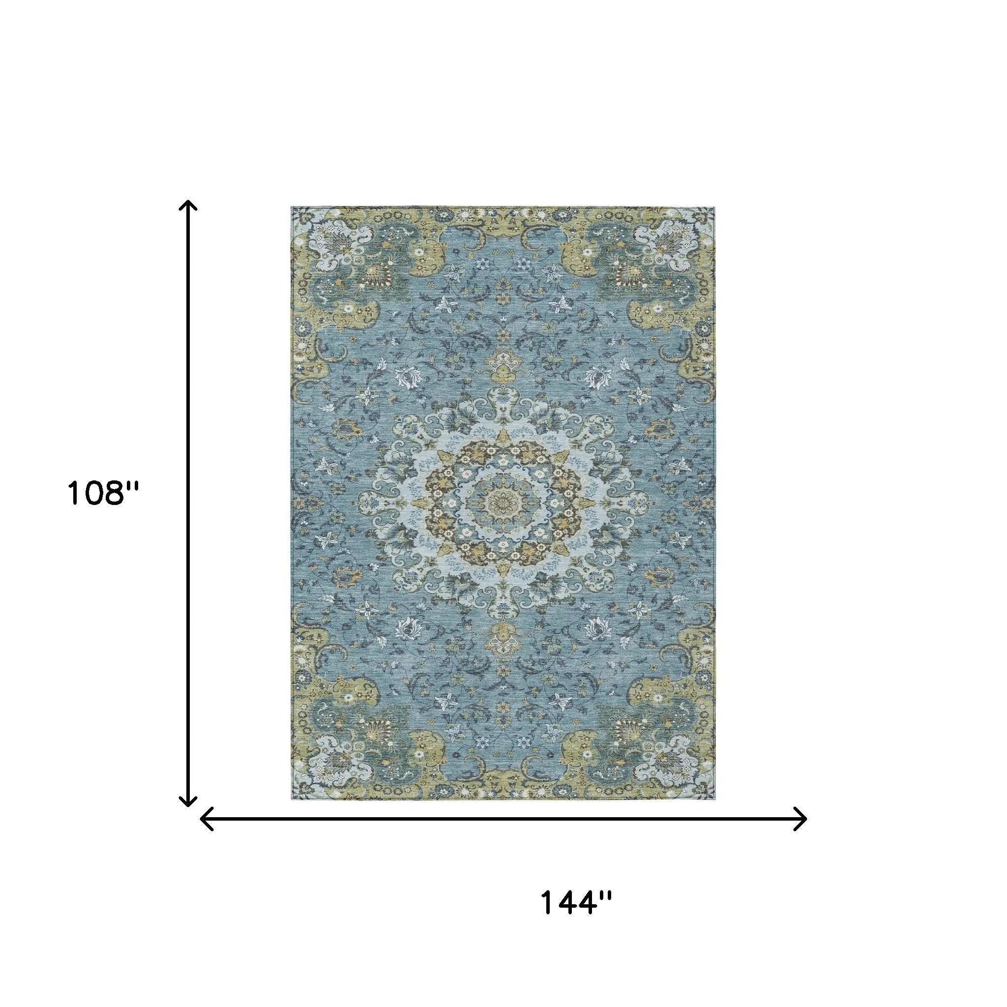 Blue floral area rug with intricate designs, 108" x 144", made of soft polypropylene, classic vintage style.