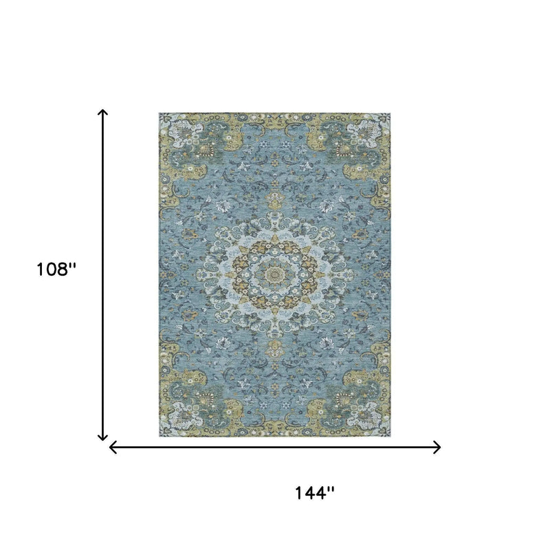 Blue floral area rug with intricate designs, 108" x 144", made of soft polypropylene, classic vintage style.