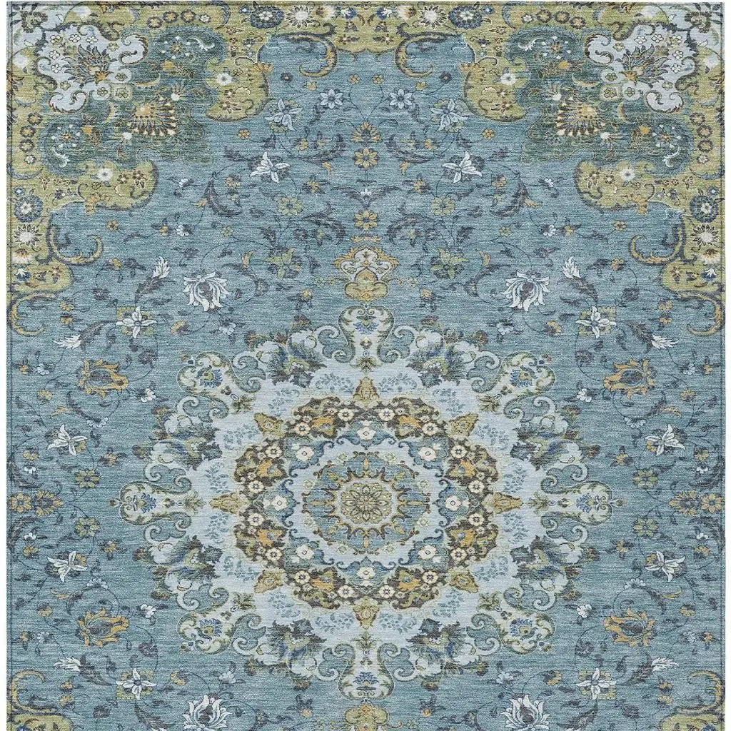 Vintage-inspired blue area rug with floral and medallion patterns, made from soft, durable polyester.
