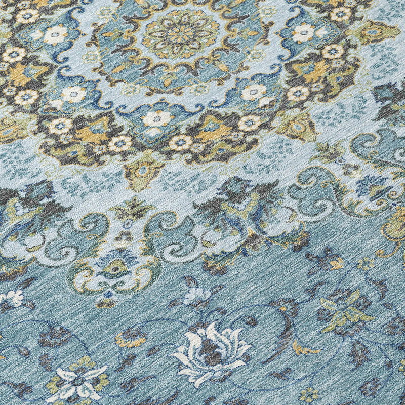 9' X 12' Teal Blue And Gold Floral Medallion Washable Indoor Outdoor Area Rug Homeroots Outdoor