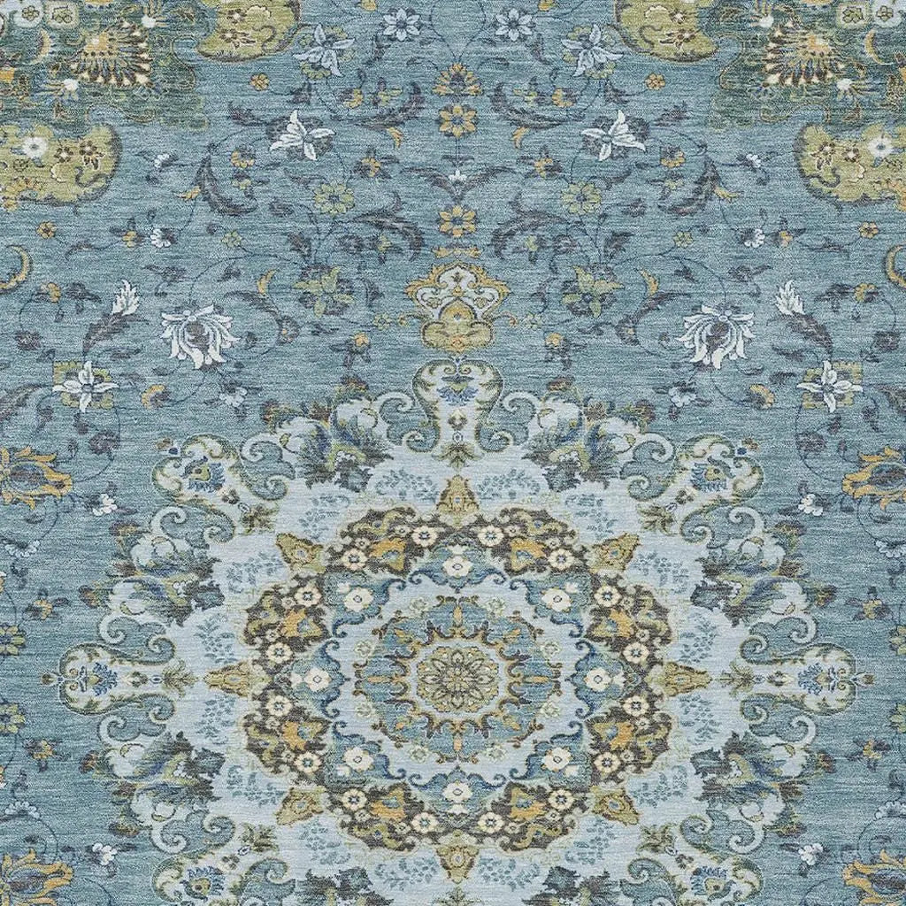 Blue floral area rug with intricate mandala patterns in shades of gold and cream, perfect for elegant home decor.