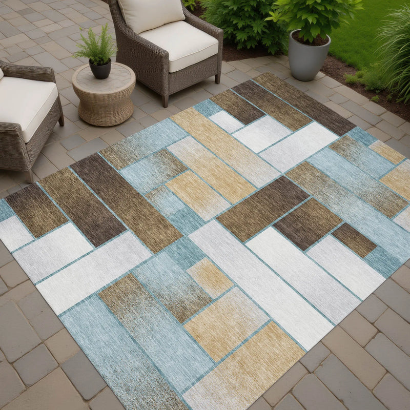 9' X 12' Teal Blue And Gold Geometric Washable Indoor Outdoor Area Rug Homeroots Outdoor