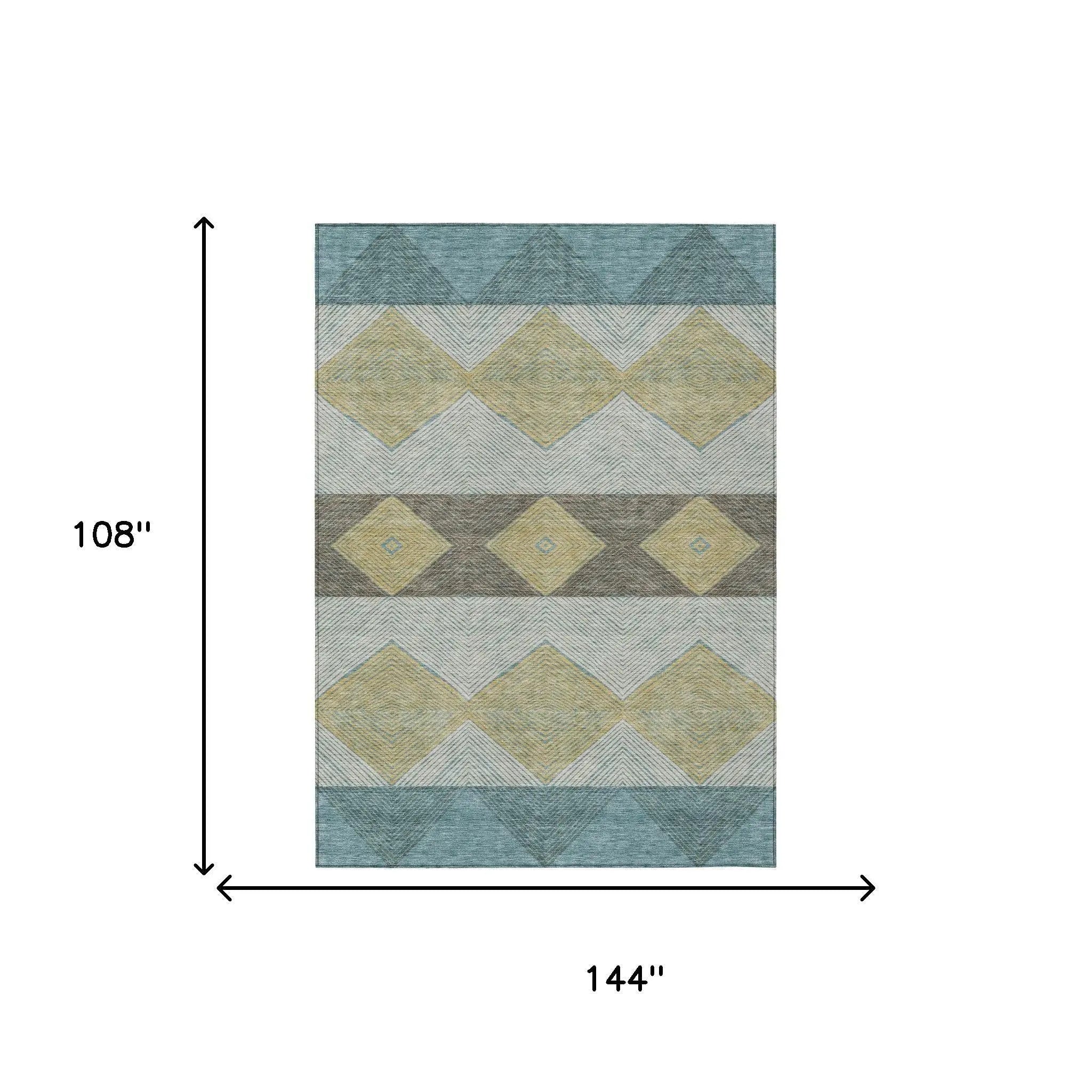 9' X 12' Teal Blue And Gold Geometric Washable Indoor Outdoor Area Rug Homeroots Outdoor