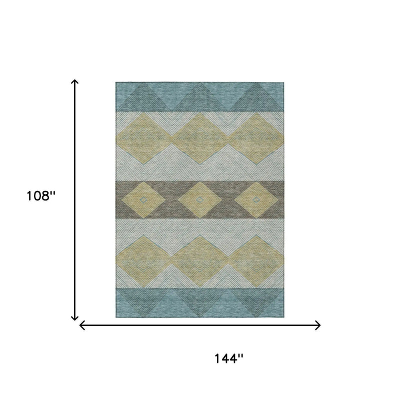 9' X 12' Teal Blue And Gold Geometric Washable Indoor Outdoor Area Rug Homeroots Outdoor