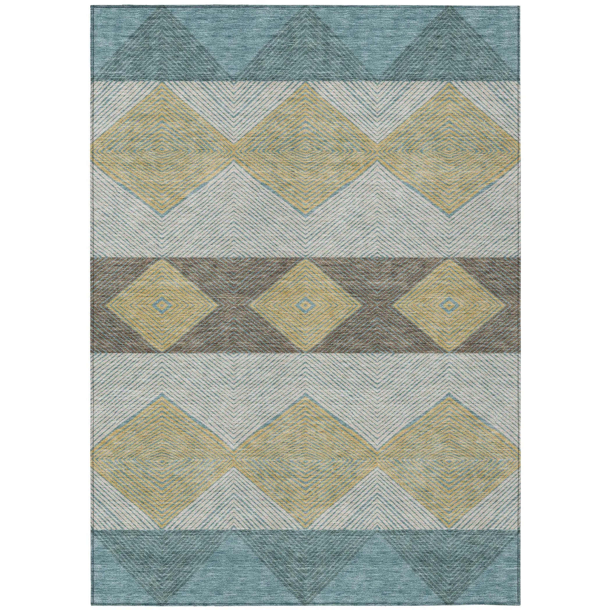 9' X 12' Teal Blue And Gold Geometric Washable Indoor Outdoor Area Rug Homeroots Outdoor