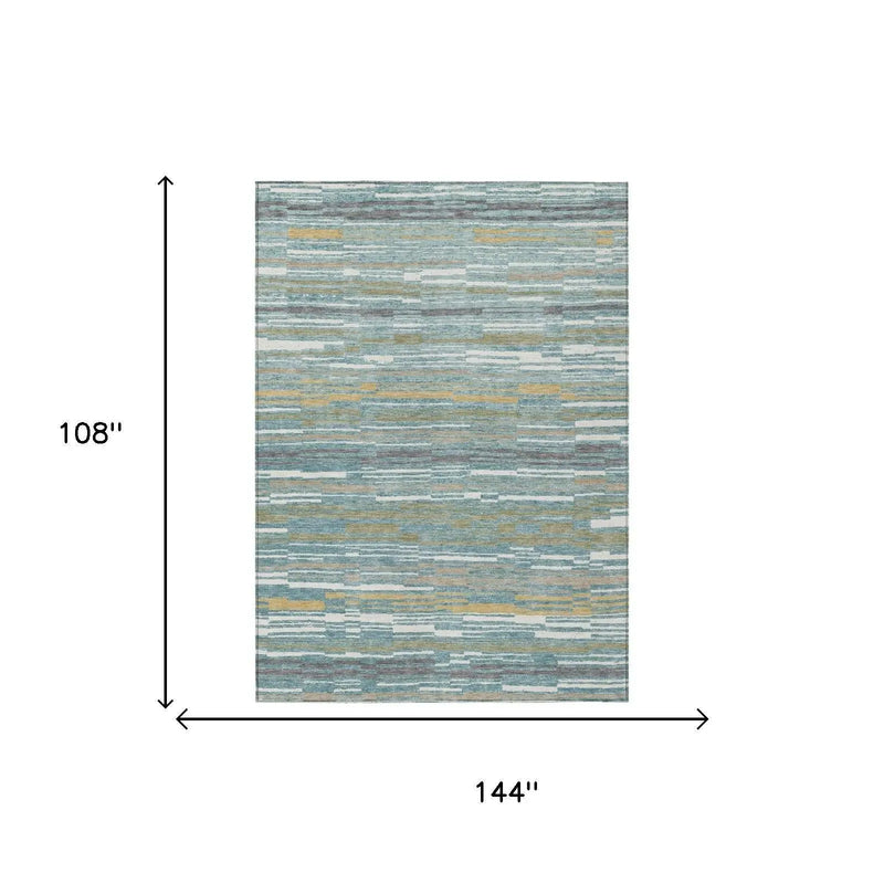 9' X 12' Teal Blue And Gold Striped Washable Indoor Outdoor Area Rug Homeroots Outdoor