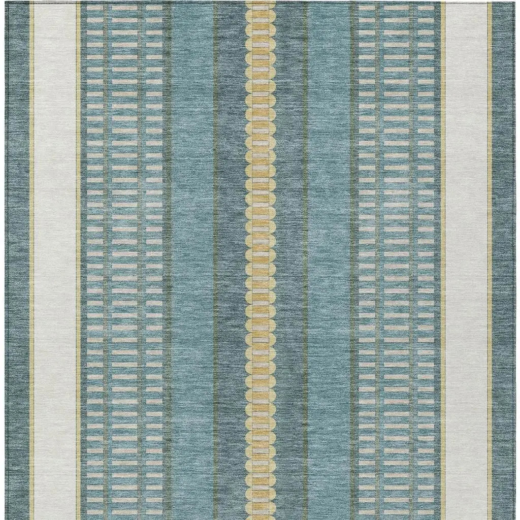 9' X 12' Teal Blue And Gold Striped Washable Indoor Outdoor Area Rug Homeroots Outdoor