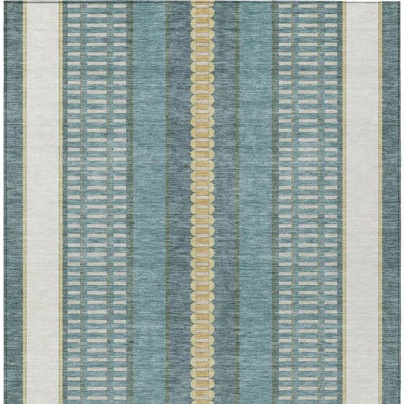 9' X 12' Teal Blue And Gold Striped Washable Indoor Outdoor Area Rug Homeroots Outdoor