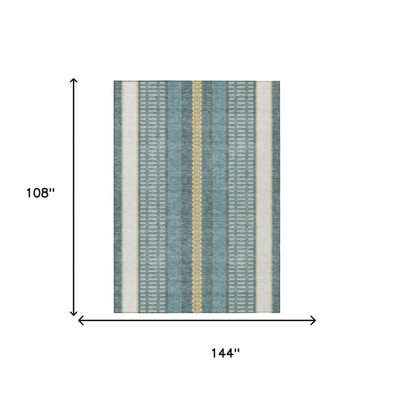 9' X 12' Teal Blue And Gold Striped Washable Indoor Outdoor Area Rug Homeroots Outdoor