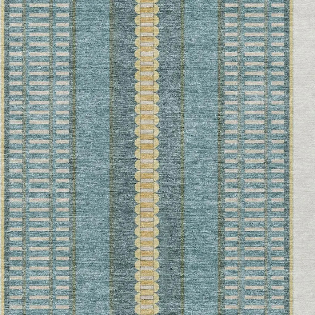 9' X 12' Teal Blue And Gold Striped Washable Indoor Outdoor Area Rug Homeroots Outdoor