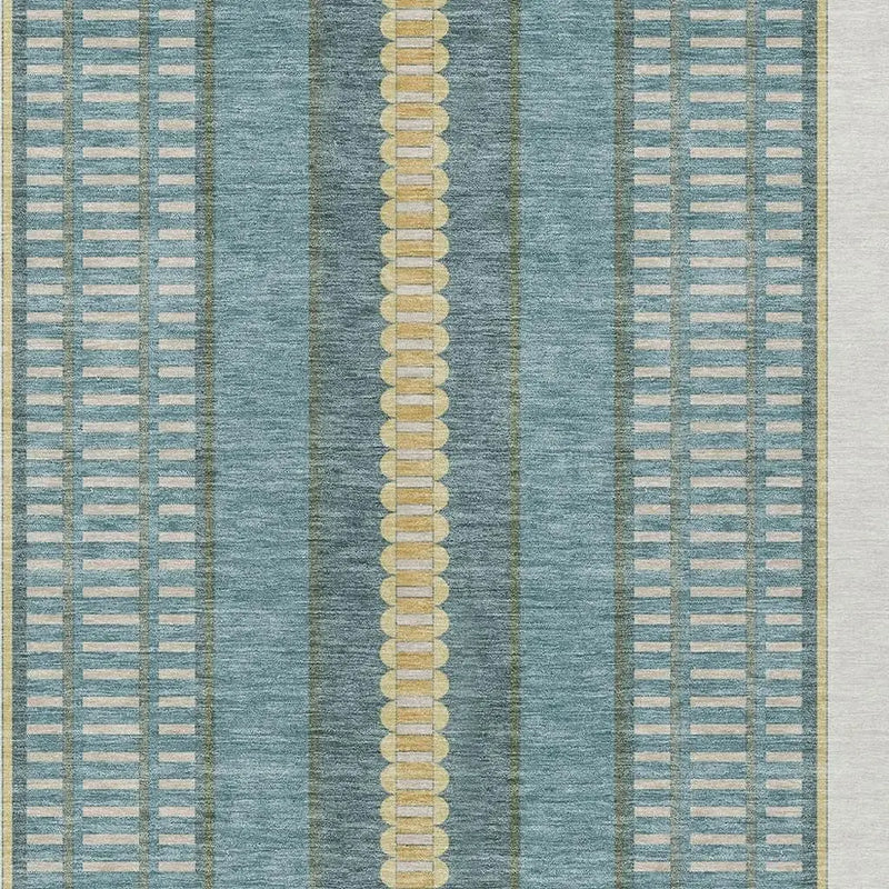 9' X 12' Teal Blue And Gold Striped Washable Indoor Outdoor Area Rug Homeroots Outdoor