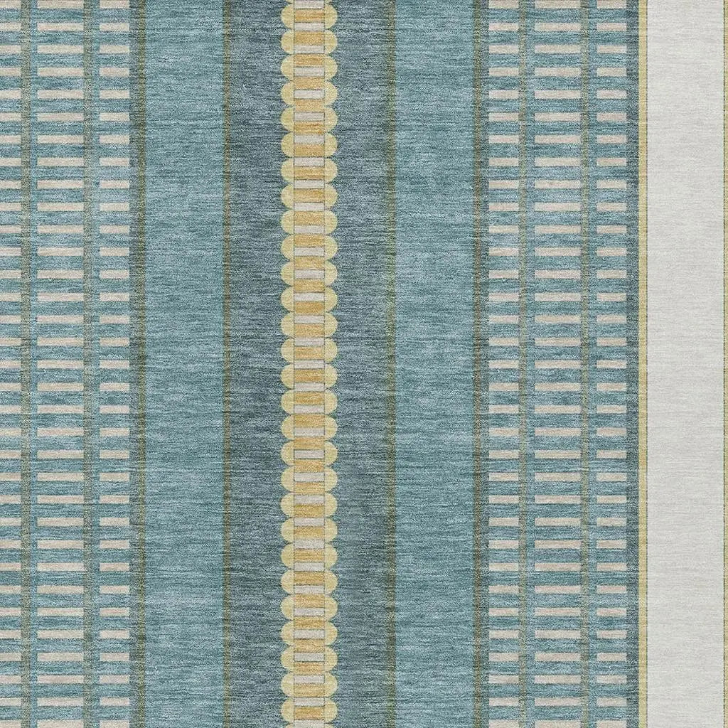 9' X 12' Teal Blue And Gold Striped Washable Indoor Outdoor Area Rug Homeroots Outdoor