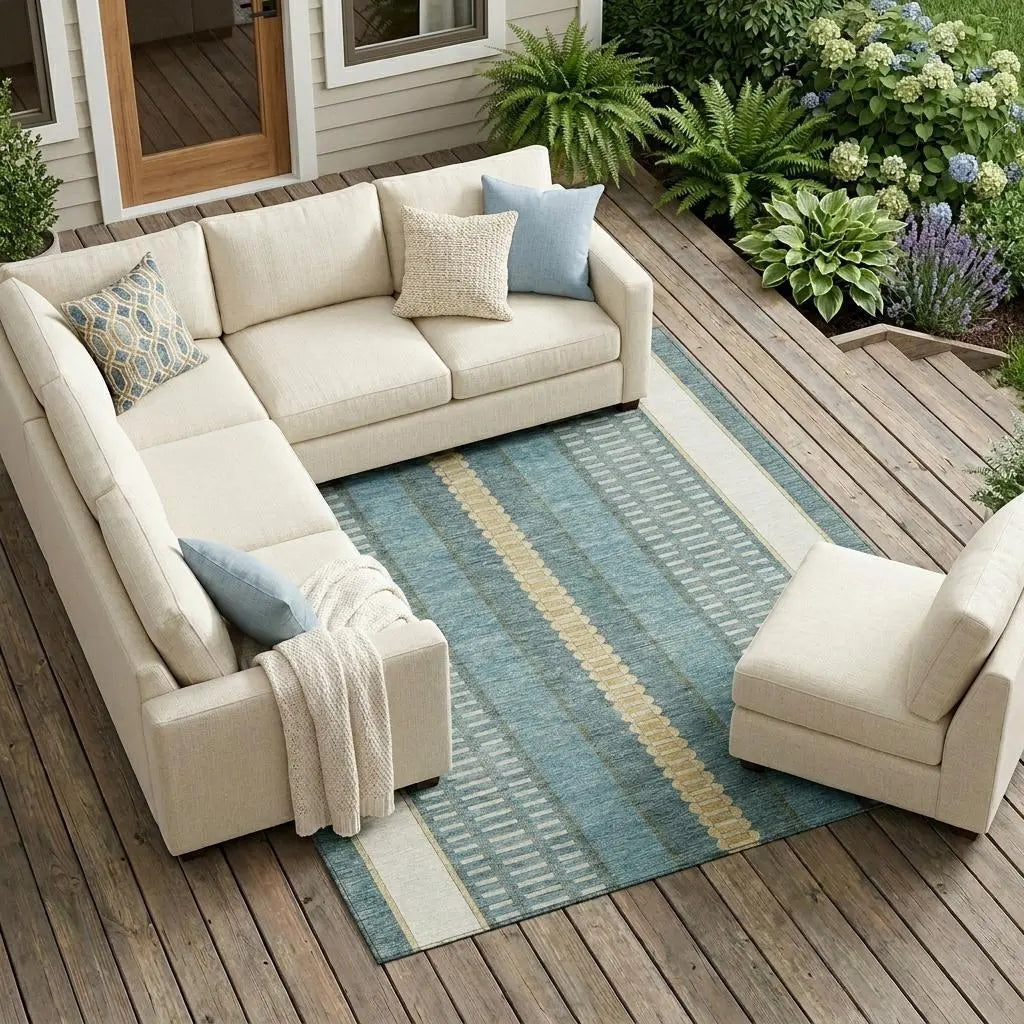 9' X 12' Teal Blue And Gold Striped Washable Indoor Outdoor Area Rug Homeroots Outdoor