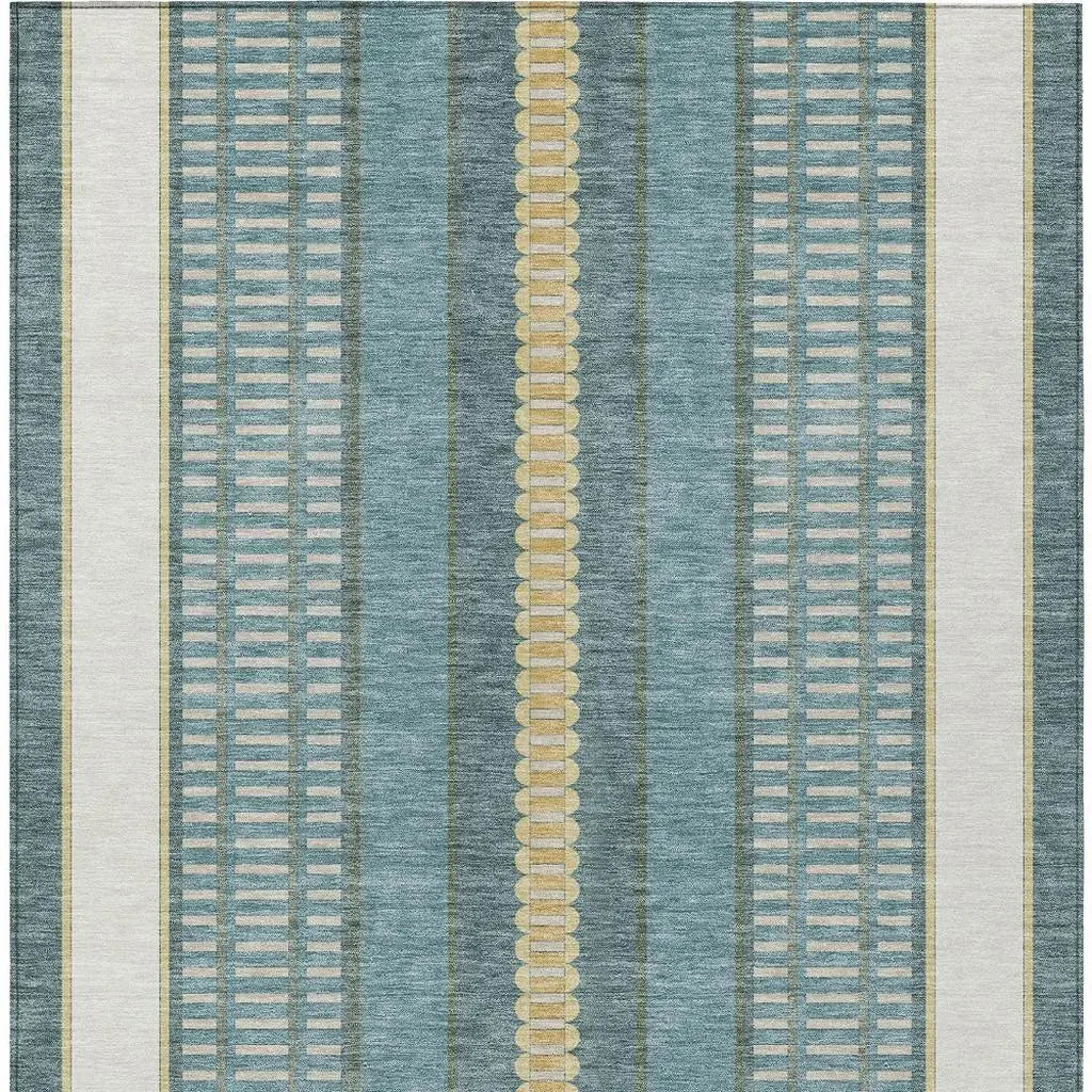 9' X 12' Teal Blue And Gold Striped Washable Indoor Outdoor Area Rug Homeroots Outdoor