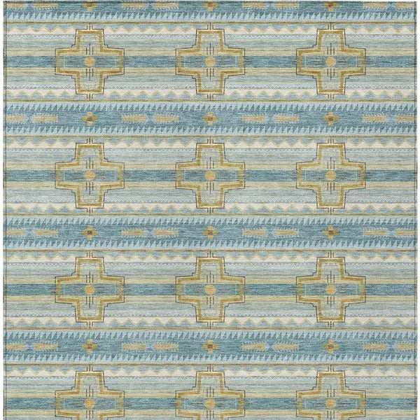 9' X 12' Teal Blue And Gold Tribal Washable Indoor Outdoor Area Rug Homeroots Outdoor