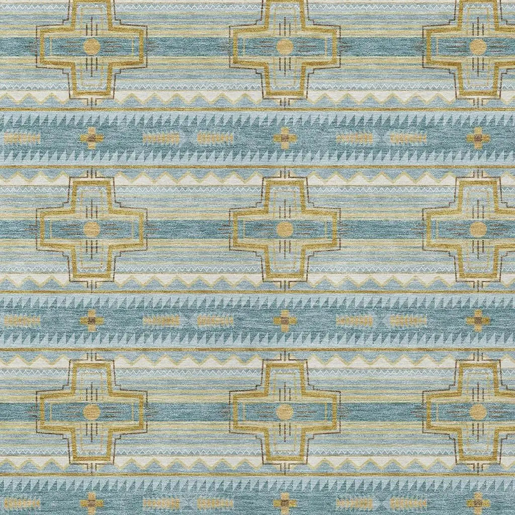 9' X 12' Teal Blue And Gold Tribal Washable Indoor Outdoor Area Rug Homeroots Outdoor