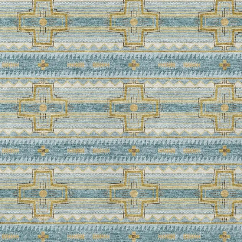 9' X 12' Teal Blue And Gold Tribal Washable Indoor Outdoor Area Rug Homeroots Outdoor