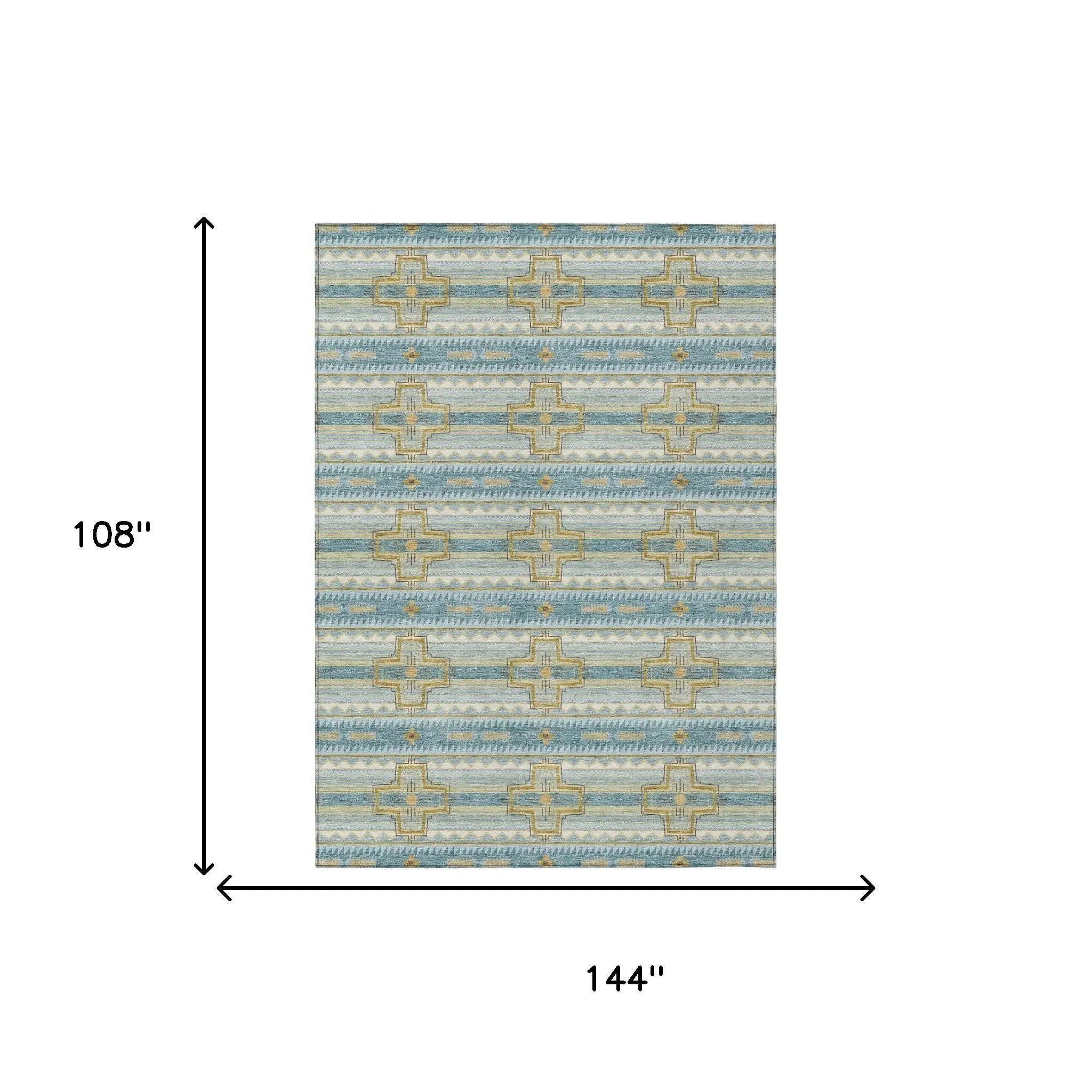 9' X 12' Teal Blue And Gold Tribal Washable Indoor Outdoor Area Rug Homeroots Outdoor