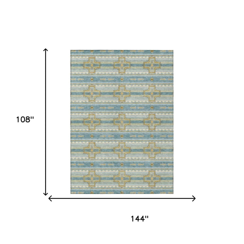 9' X 12' Teal Blue And Gold Tribal Washable Indoor Outdoor Area Rug Homeroots Outdoor
