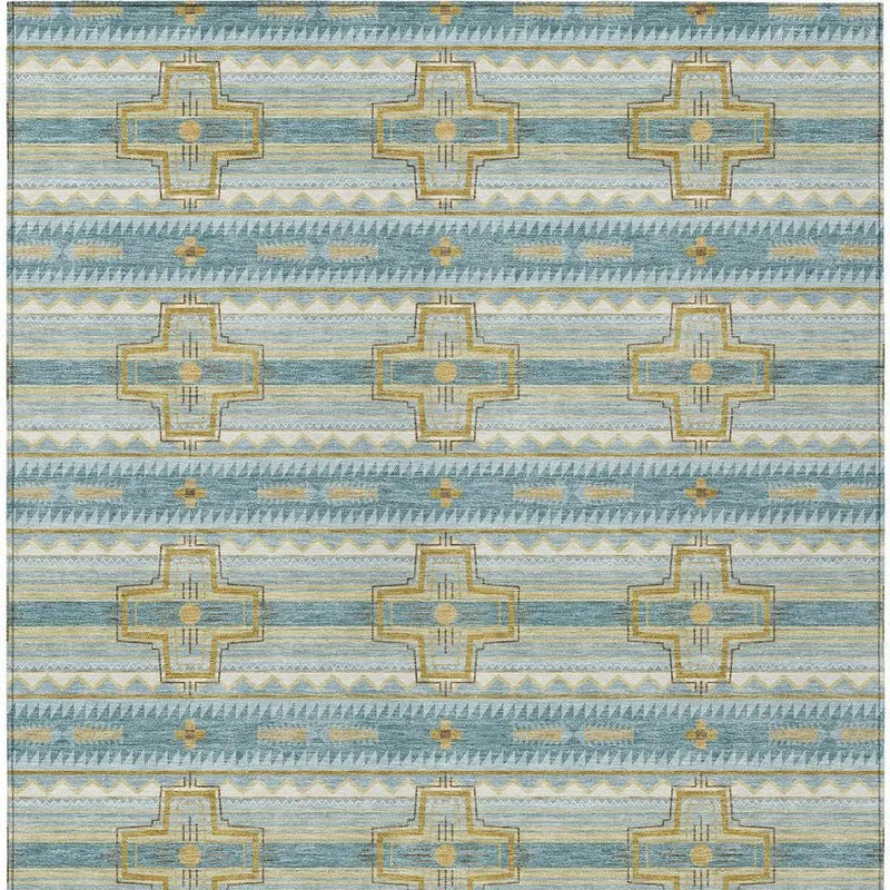 9' X 12' Teal Blue And Gold Tribal Washable Indoor Outdoor Area Rug Homeroots Outdoor