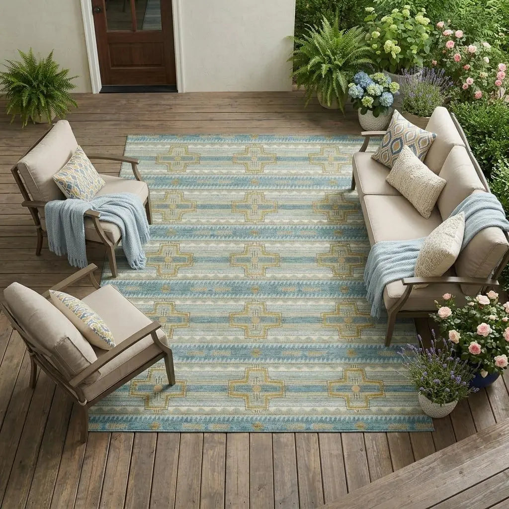 9' X 12' Teal Blue And Gold Tribal Washable Indoor Outdoor Area Rug Homeroots Outdoor