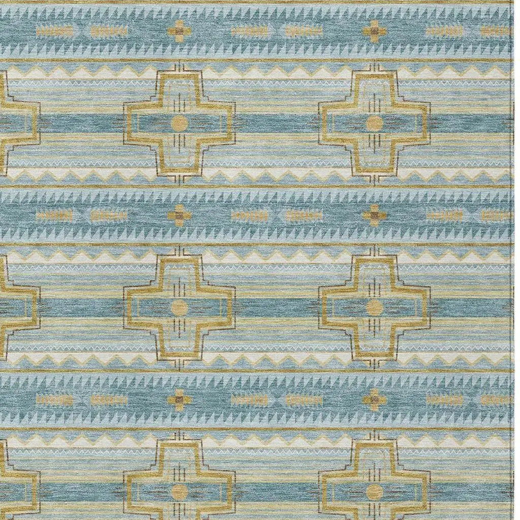 9' X 12' Teal Blue And Gold Tribal Washable Indoor Outdoor Area Rug Homeroots Outdoor