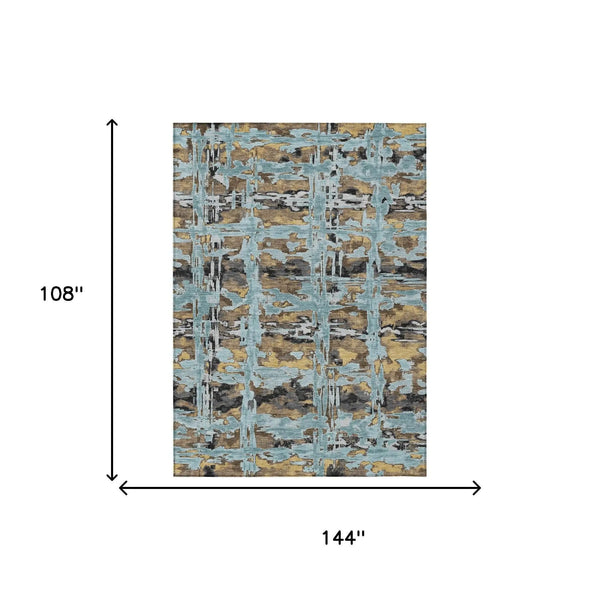 9' X 12' Teal Blue And Granite Gray Abstract Washable Indoor Outdoor Area Rug Homeroots Outdoor