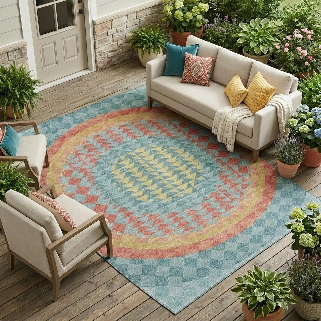 9' X 12' Teal Blue And Granite Gray Geometric Washable Indoor Outdoor Area Rug Homeroots Outdoor