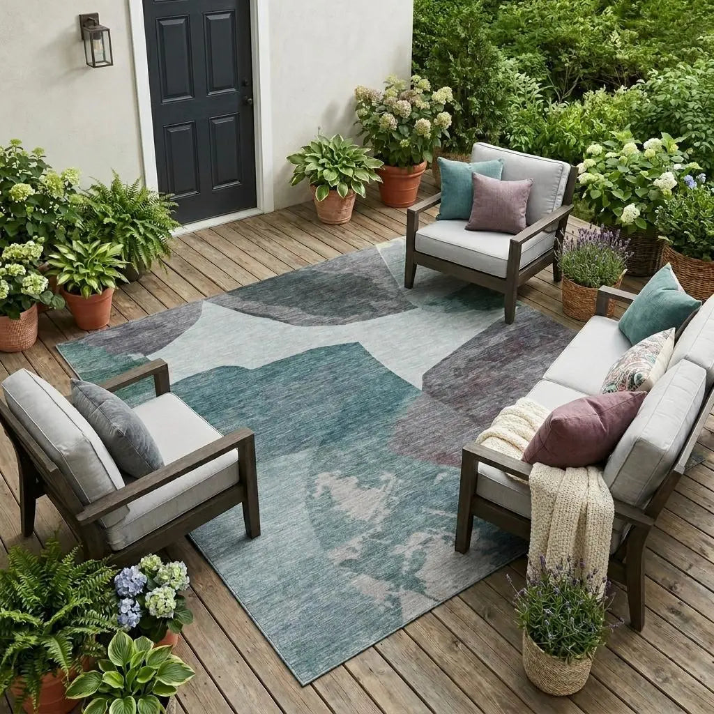 9' X 12' Teal Blue And Graphite Abstract Washable Indoor Outdoor Area Rug Homeroots Outdoor