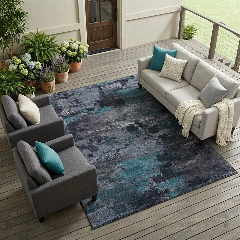 9' X 12' Teal Blue And Graphite Abstract Washable Indoor Outdoor Area Rug Homeroots Outdoor