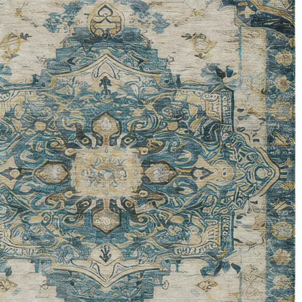9' X 12' Teal Blue And Graphite Floral Medallion Washable Indoor Outdoor Area Rug Homeroots Outdoor