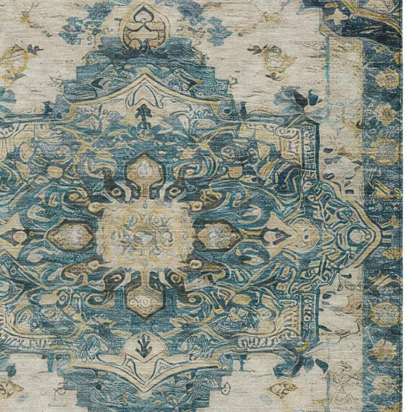 9' X 12' Teal Blue And Graphite Floral Medallion Washable Indoor Outdoor Area Rug Homeroots Outdoor