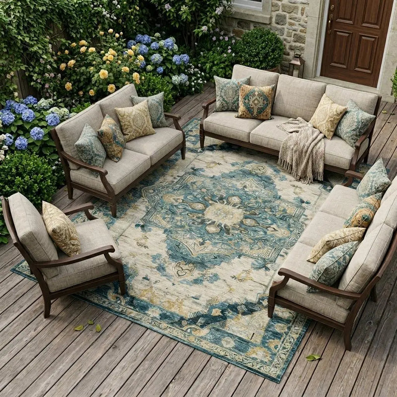 9' X 12' Teal Blue And Graphite Floral Medallion Washable Indoor Outdoor Area Rug Homeroots Outdoor