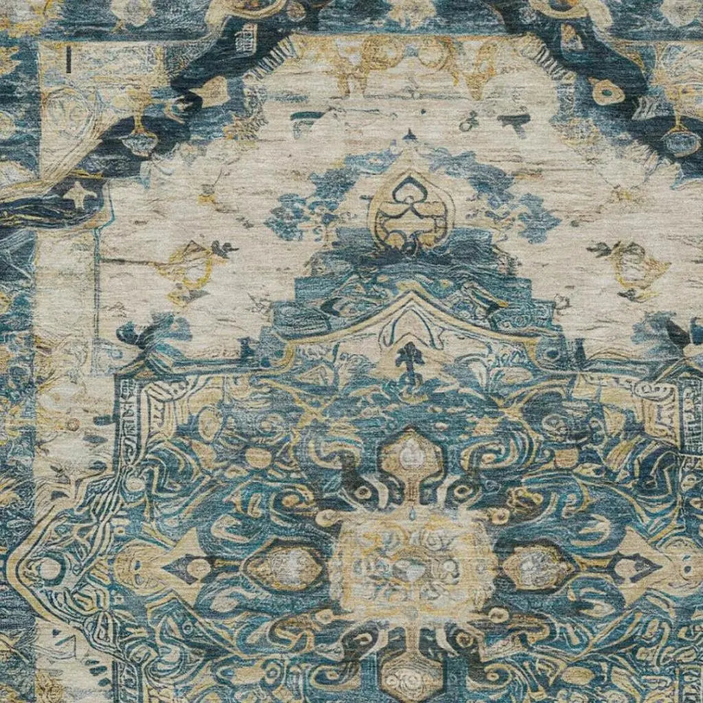 9' X 12' Teal Blue And Graphite Floral Medallion Washable Indoor Outdoor Area Rug Homeroots Outdoor