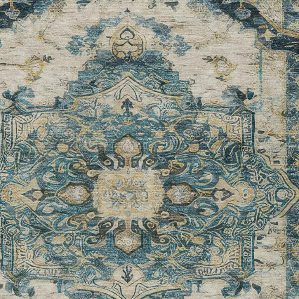 9' X 12' Teal Blue And Graphite Floral Medallion Washable Indoor Outdoor Area Rug Homeroots Outdoor