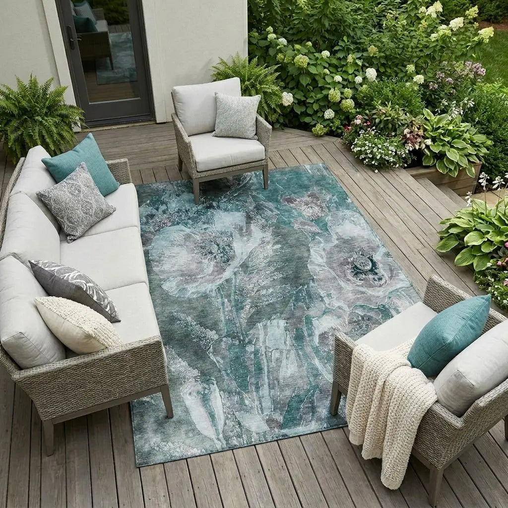 9' X 12' Teal Blue And Graphite Floral Washable Indoor Outdoor Area Rug Homeroots Outdoor