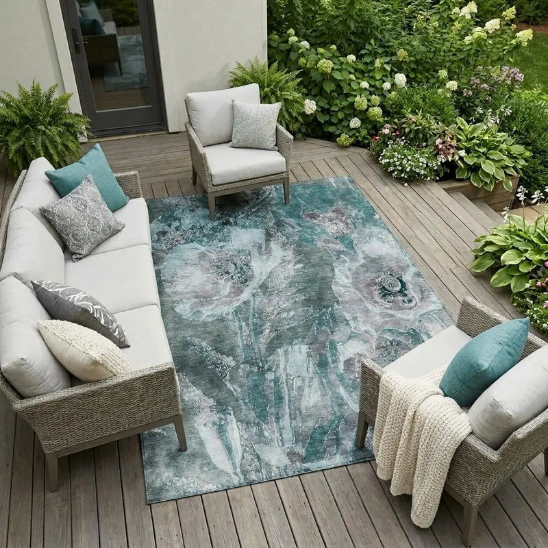 9' X 12' Teal Blue And Graphite Floral Washable Indoor Outdoor Area Rug Homeroots Outdoor