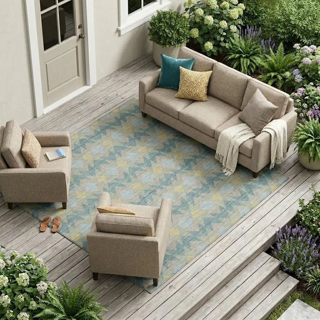 9' X 12' Teal Blue And Graphite Geometric Washable Indoor Outdoor Area Rug Homeroots Outdoor