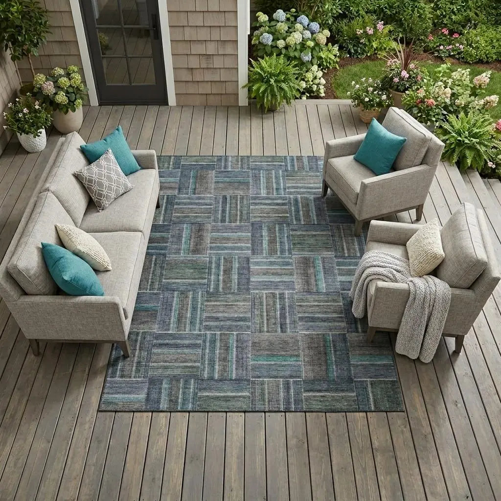 9' X 12' Teal Blue And Graphite Geometric Washable Indoor Outdoor Area Rug Homeroots Outdoor
