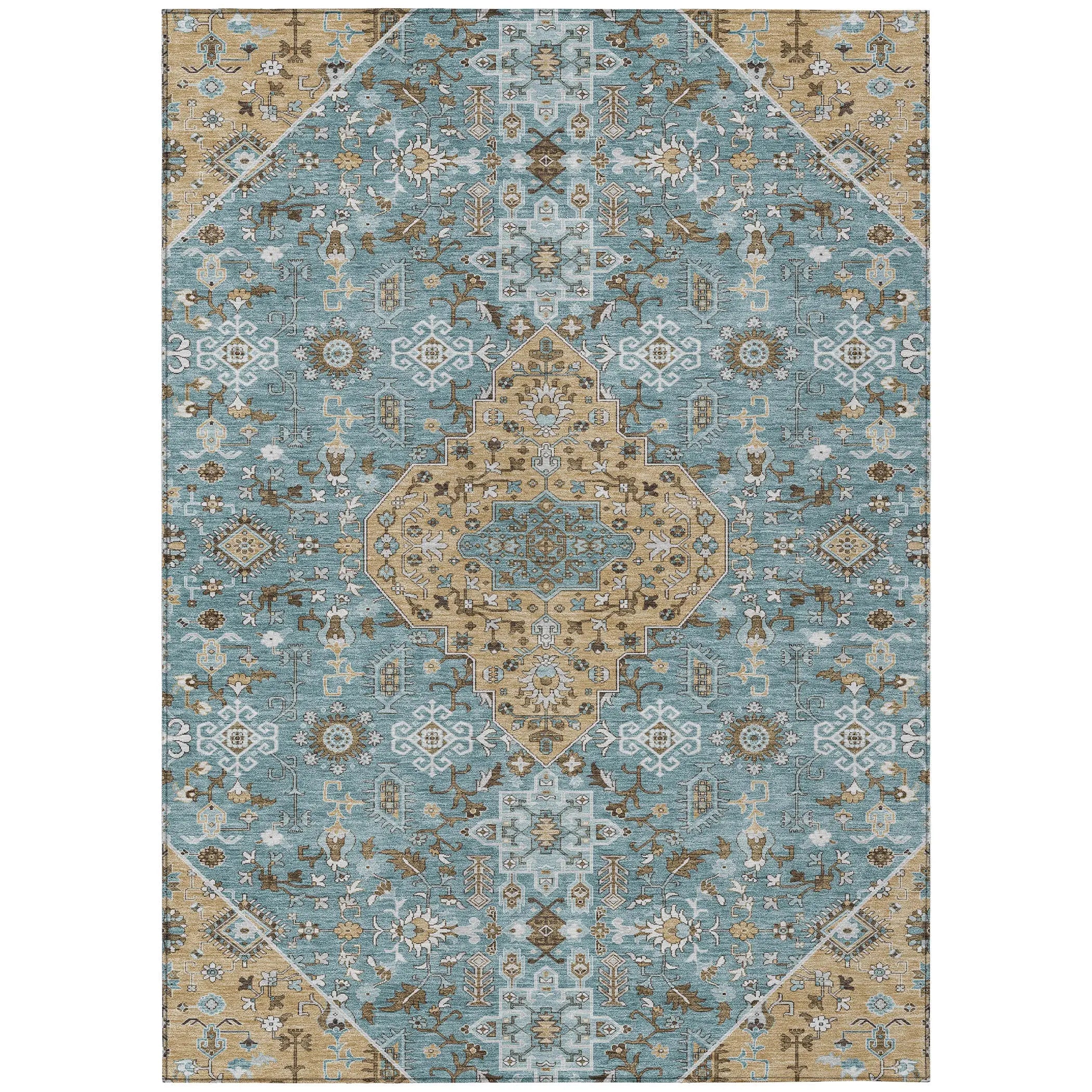 9' X 12' Teal Blue And Graphite Medallion Washable Indoor Outdoor Area Rug Homeroots Outdoor