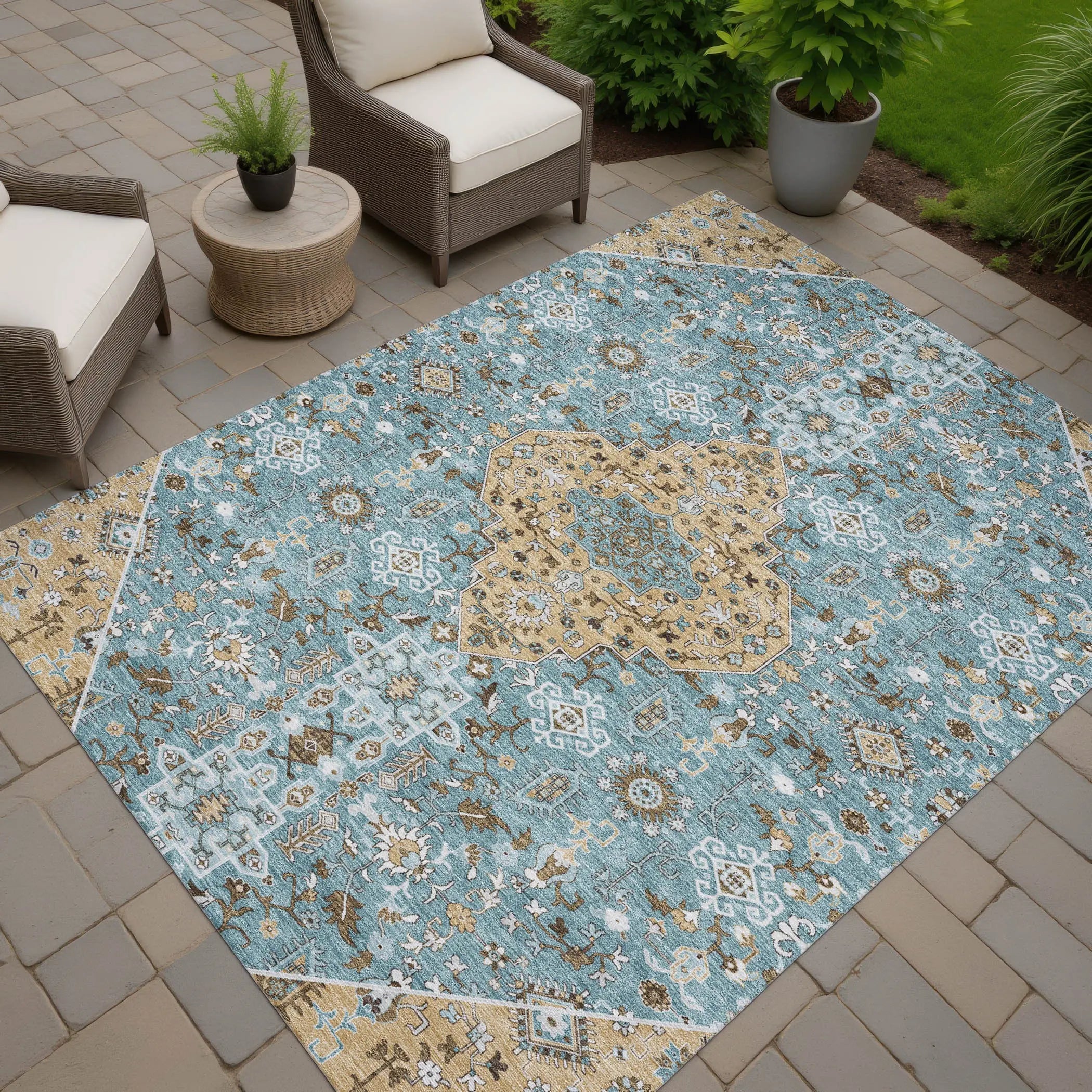 9' X 12' Teal Blue And Graphite Medallion Washable Indoor Outdoor Area Rug Homeroots Outdoor