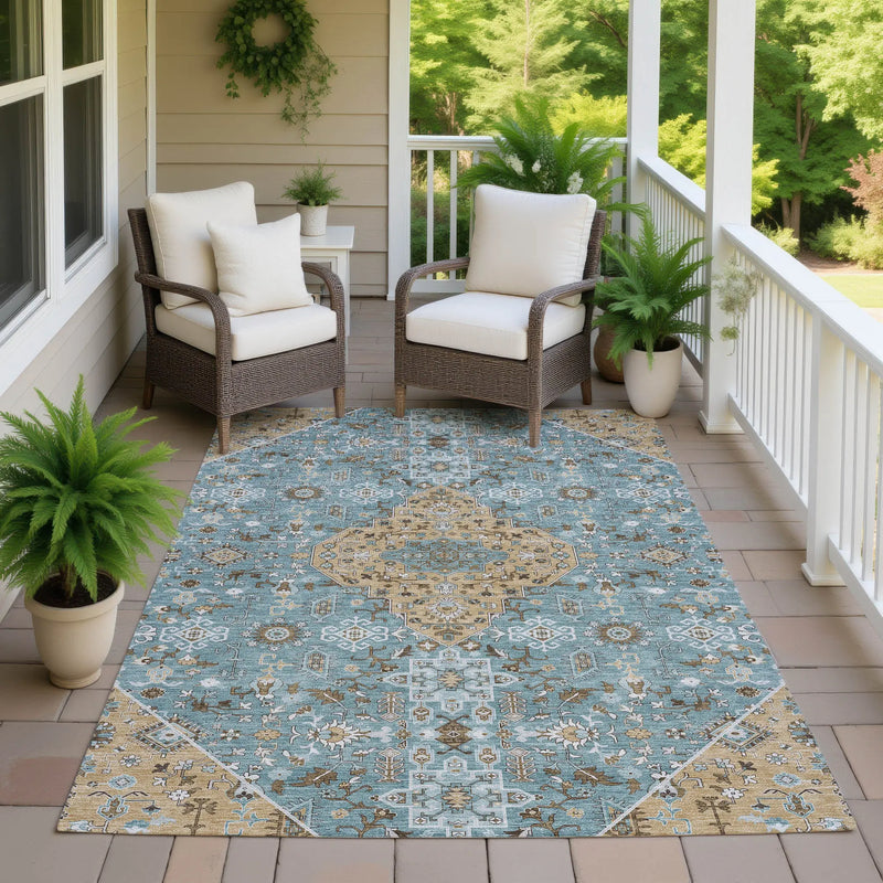 9' X 12' Teal Blue And Graphite Medallion Washable Indoor Outdoor Area Rug Homeroots Outdoor