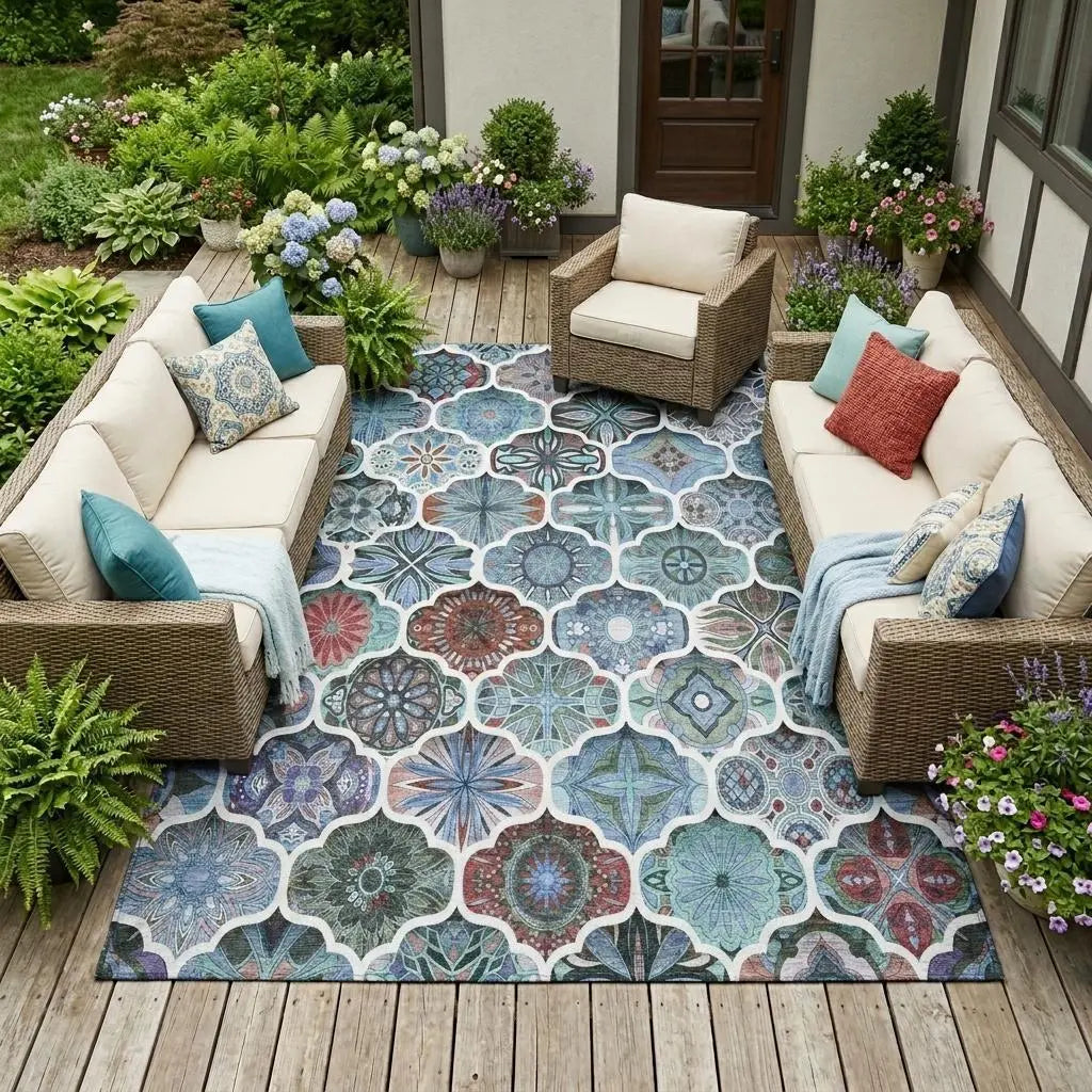 9' X 12' Teal Blue And Graphite Ogee Washable Indoor Outdoor Area Rug Homeroots Outdoor