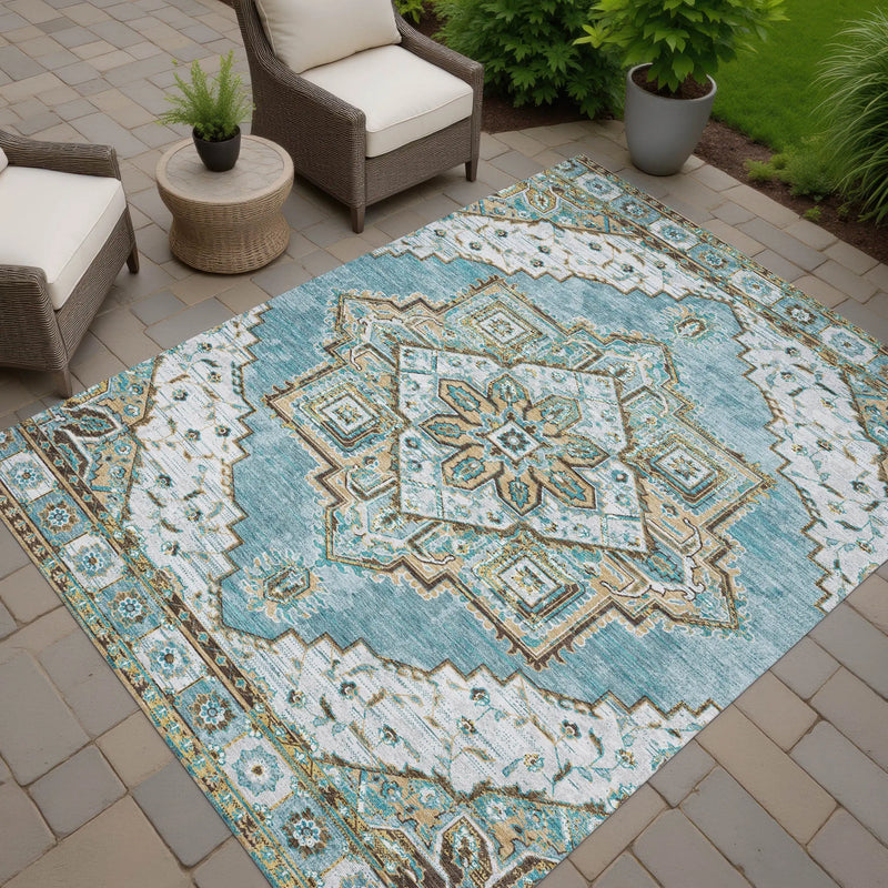 9' X 12' Teal Blue And Graphite Oriental Washable Indoor Outdoor Area Rug Homeroots Outdoor
