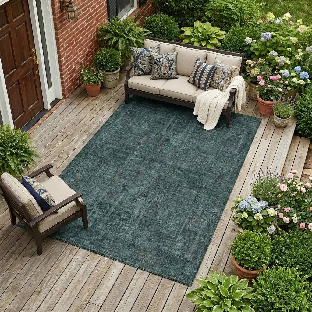 9' X 12' Teal Blue And Graphite Oriental Washable Indoor Outdoor Area Rug Homeroots Outdoor