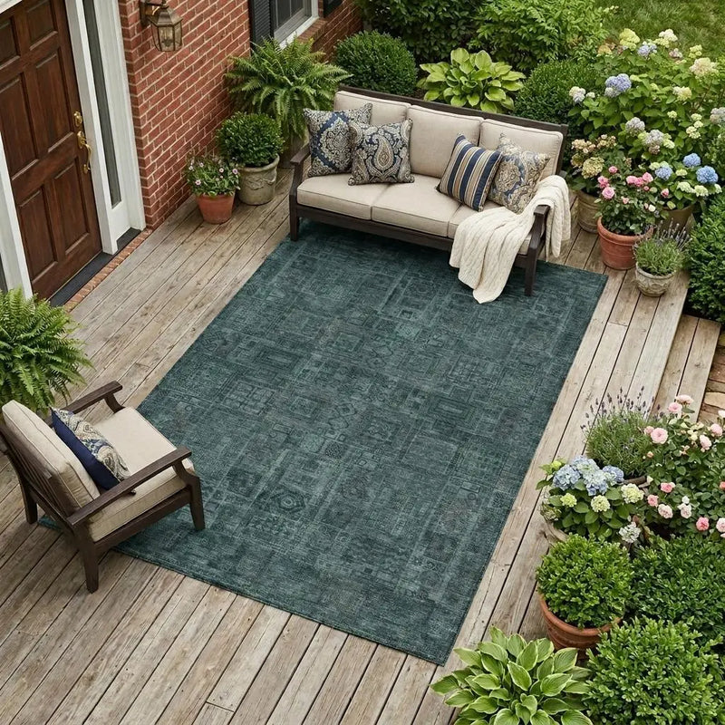 9' X 12' Teal Blue And Graphite Oriental Washable Indoor Outdoor Area Rug Homeroots Outdoor